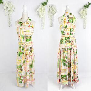 CATO Maxi Shirt Dress Medium Tropical Print Sleeveless Collar Button Tie Resort